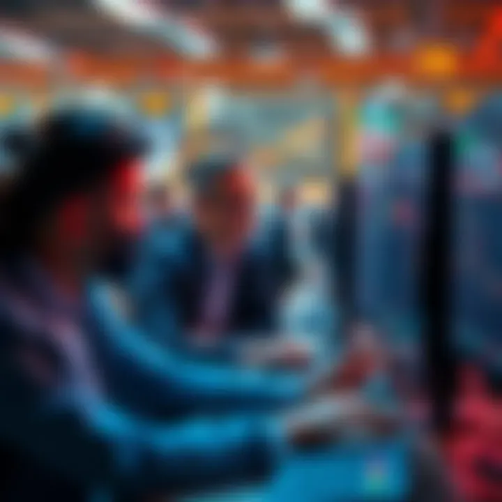 A group of retail traders analyzing charts and graphs on computer screens, discussing safer arbitrage methods in 2026.