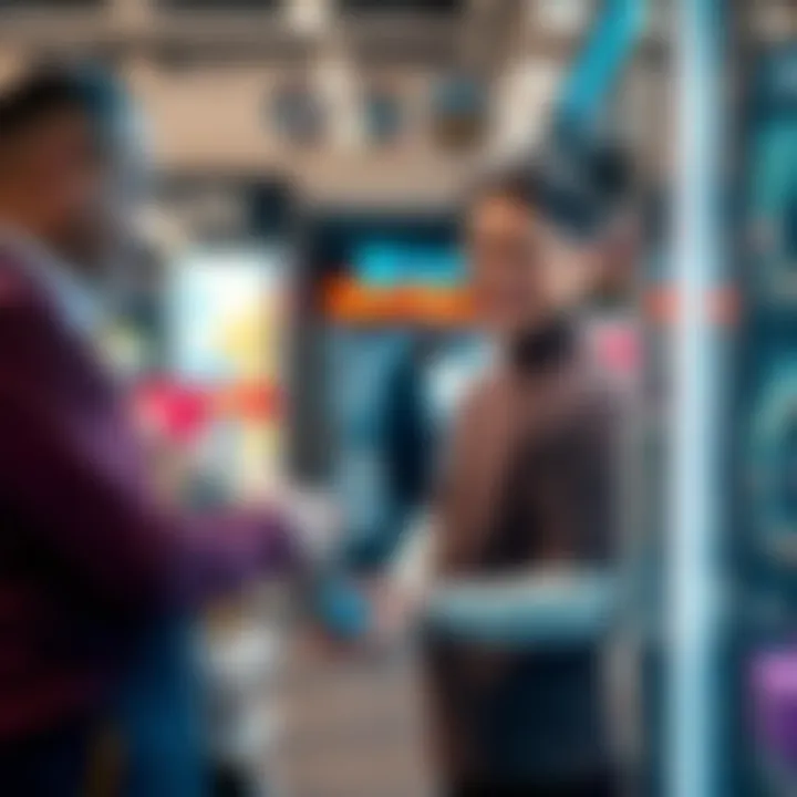 Retailer using Hedera for contactless payment A retail employee accepting payment from a customer using a contactless device with Hedera Hashgraph technology