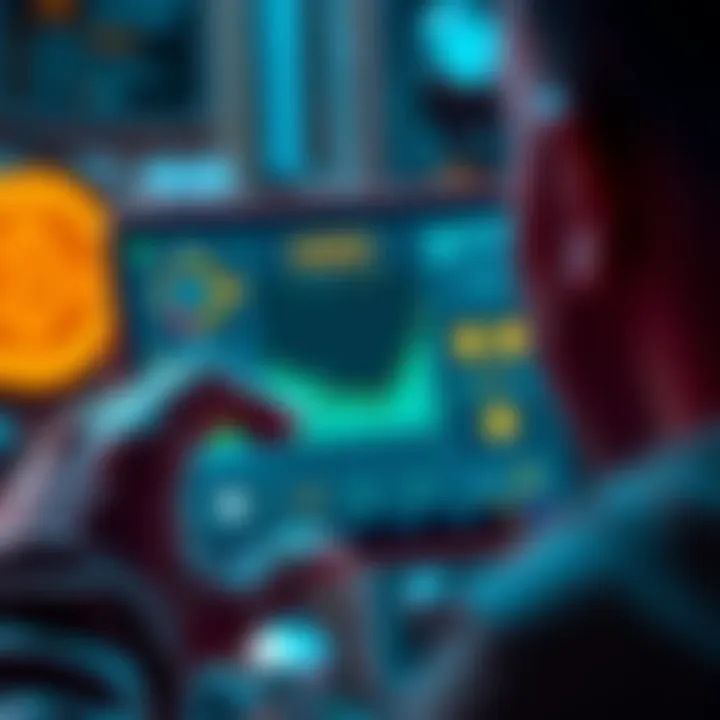 A person looking at a digital wallet interface, trying to transfer USDC to another cryptocurrency, with visual elements representing crypto exchange.