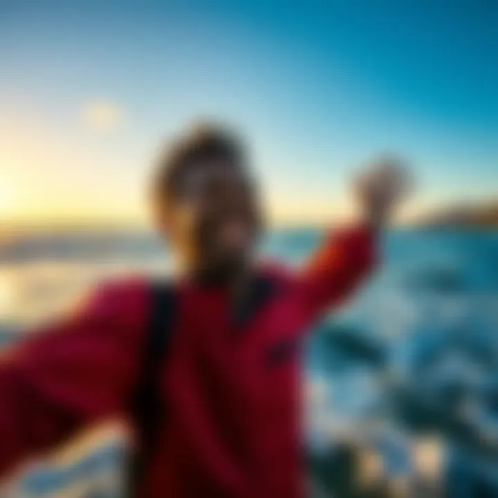 A joyful person celebrating their 2026 rev experience in Monterey Bay with waves in the background