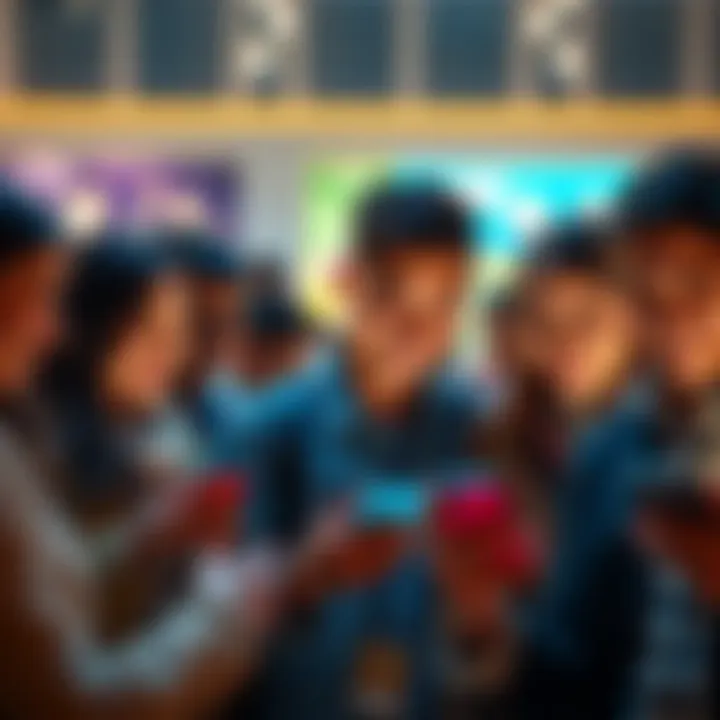 A group of people smiling while using the Revolut banking app on their smartphones, showcasing a positive banking experience