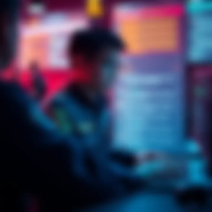 Revolut Forum Policing A representation of a digital forum with posts being removed, depicting agents monitoring comments on a screen.