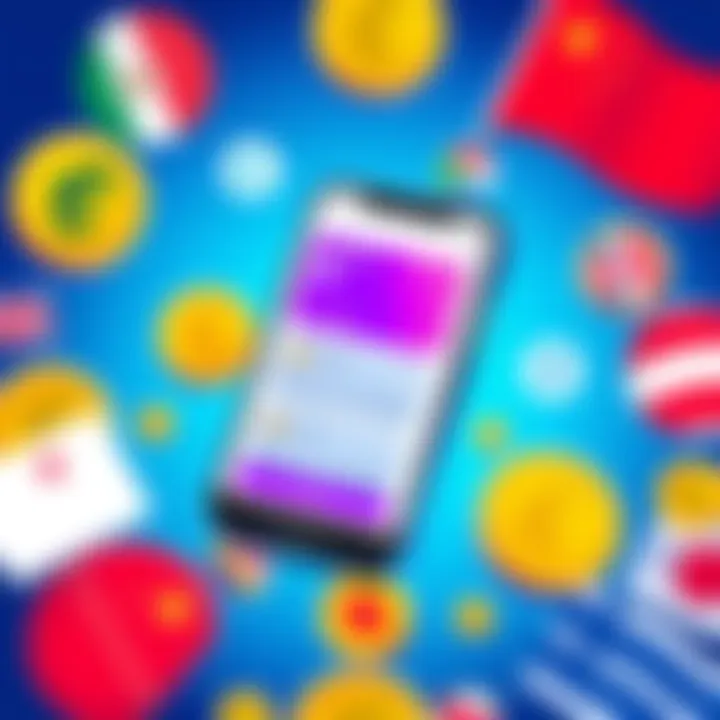 Illustration showing a smartphone displaying the Revolut app with shared Pockets for foreign payments, surrounded by currency symbols from various countries.