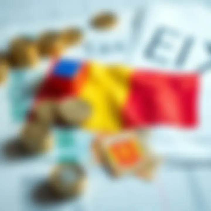 Revolut Tax Information in Romania A visual representation of Revolut's tax handling in Romania, featuring currency symbols and tax documents with the Romanian flag.