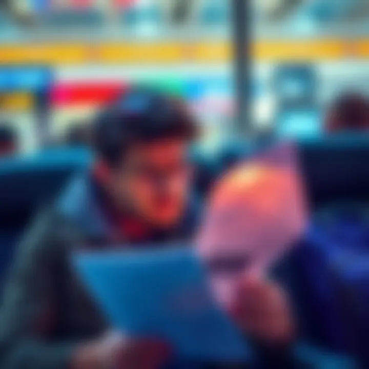 Revolut Travel Insurance Warning A frustrated traveler looking at flight delay notices while holding a Revolut travel insurance policy document