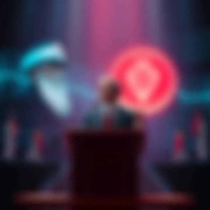 Richard Heart standing at a podium, passionately speaking about cryptocurrency while Satoshi remains silent in the background