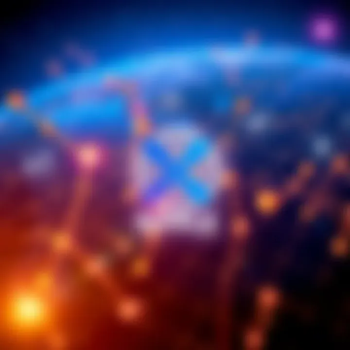 Ripple logo with digital currency symbols and a world map background, illustrating global payment transactions