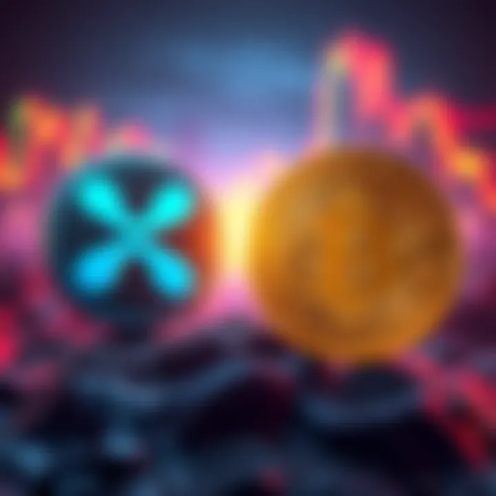 A graphic showing Ripple's XRP logo on one side and Bitcoin's logo on the other, representing competition in the cryptocurrency market.