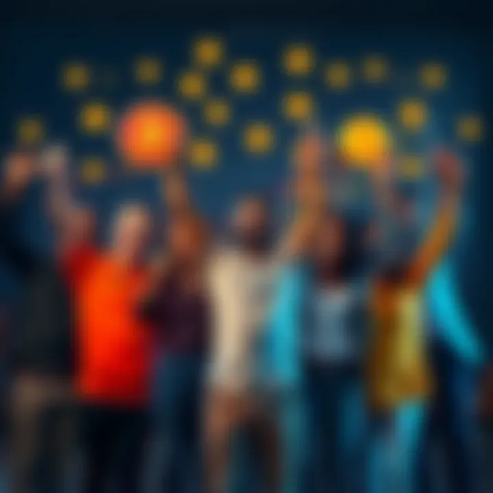 A group of diverse people celebrating their financial success, holding charts showing growth, with Bitcoin symbols crossed out in the background.