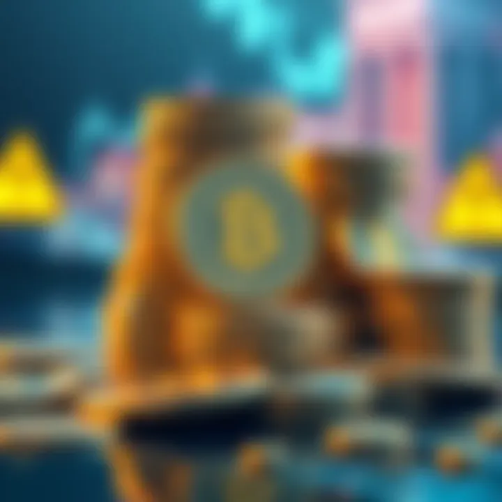 Risks of Stablecoins A stack of digital coins labeled stablecoins with warning signs around them, showing concerns in finance.