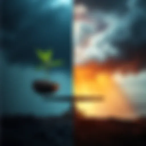 A split image showing a scale balancing a green plant symbolizing growth and a storm cloud representing danger.