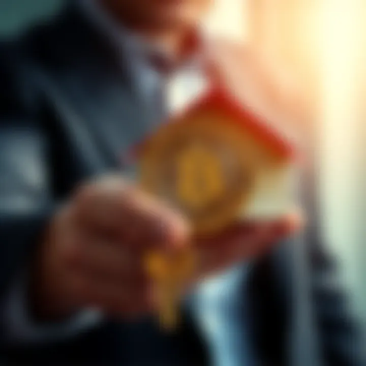 A person holding a house key and a Bitcoin symbol, representing a risky mortgage investment.