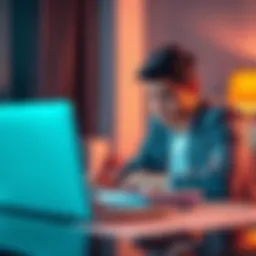 A young person analyzing investment options, looking worried over a laptop with Ponzi scheme documents beside them.