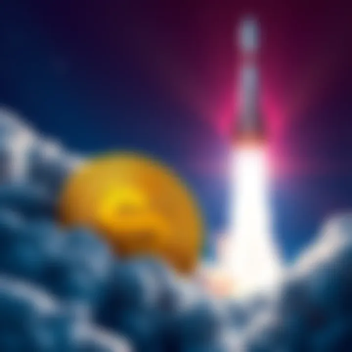 A rocket launching into space with the symbol of the $SPACE memecoin in the foreground, representing the excitement of SpaceX's IPO.