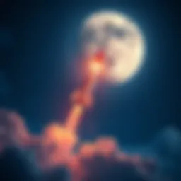 A rocket launching into the sky with stars and the moon in the background, symbolizing the rise of cryptocurrency investments.