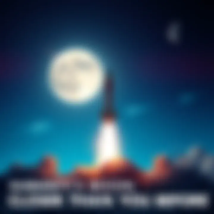 A rocket blasts off into the sky, heading towards the moon, symbolizing advancements in space technology