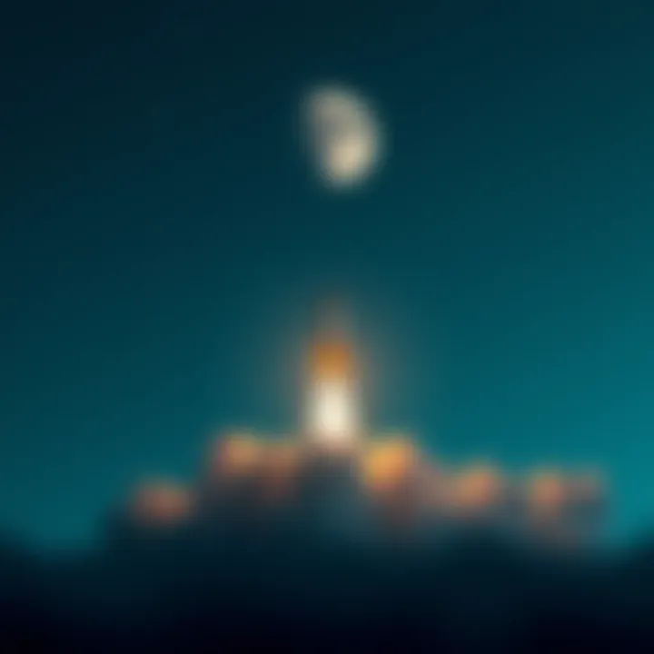 A rocket blasting off with a bright trail heading toward the moon in a starry sky