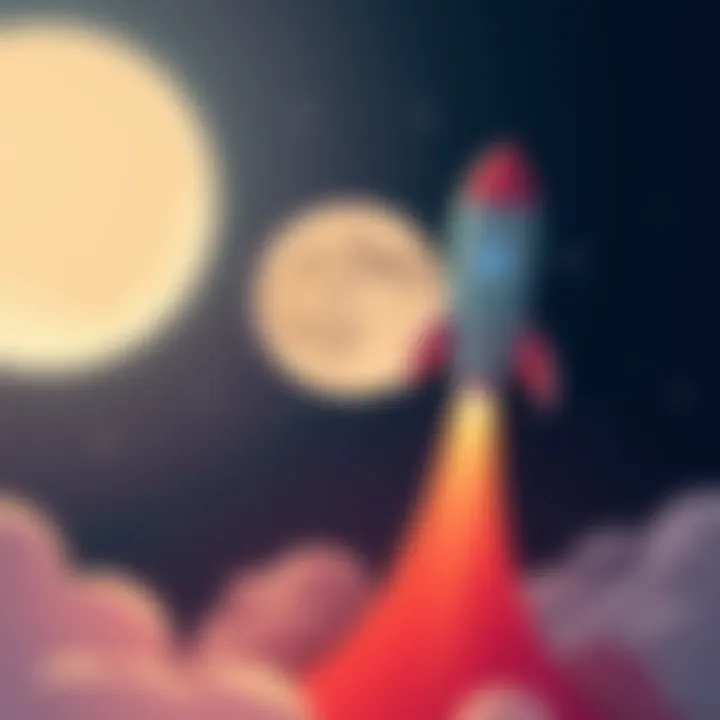 A cartoon rocket soaring towards the moon with stars in the background