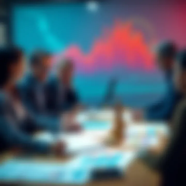 A group of people discussing financial strategies with charts and graphs on a table, focusing on Roth IRA and cryptocurrency investments.