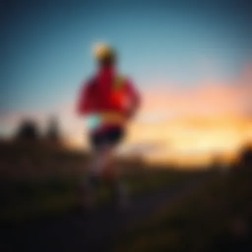 A runner equipped with lights and reflective clothing jogging along a trail during twilight