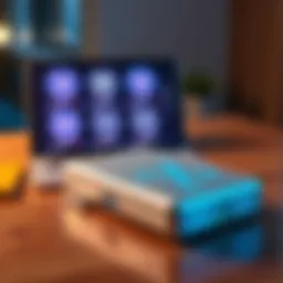 A secure cold wallet device for storing XRP cryptocurrency, placed on a wooden table with a digital screen showing XRP logos.