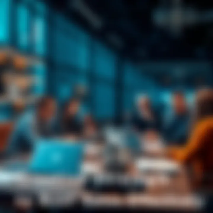 A group of people discussing creative sales strategies around a table with laptops and documents.