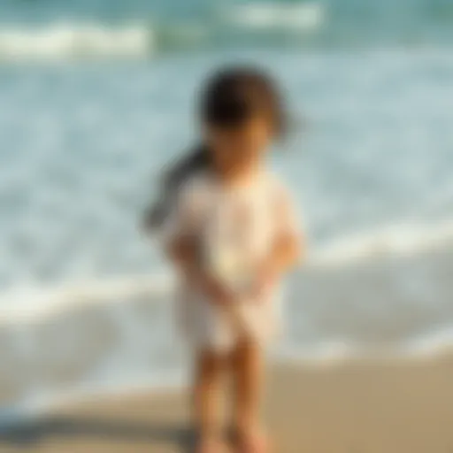 A girl named Sally stands on a beach with seashells in her hands, surrounded by ocean waves and sandy shore.