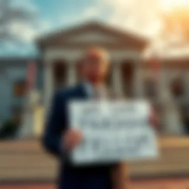 Sam Bankman-Fried standing outside a courthouse holding a sign asking for a pardon from President Trump