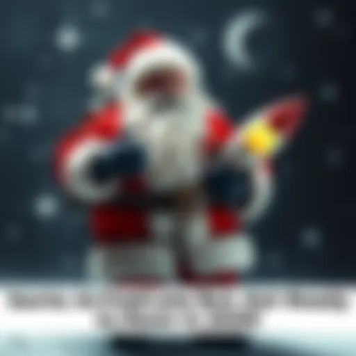 Santa holding a rocket, ready for an adventure to the moon in 2025.