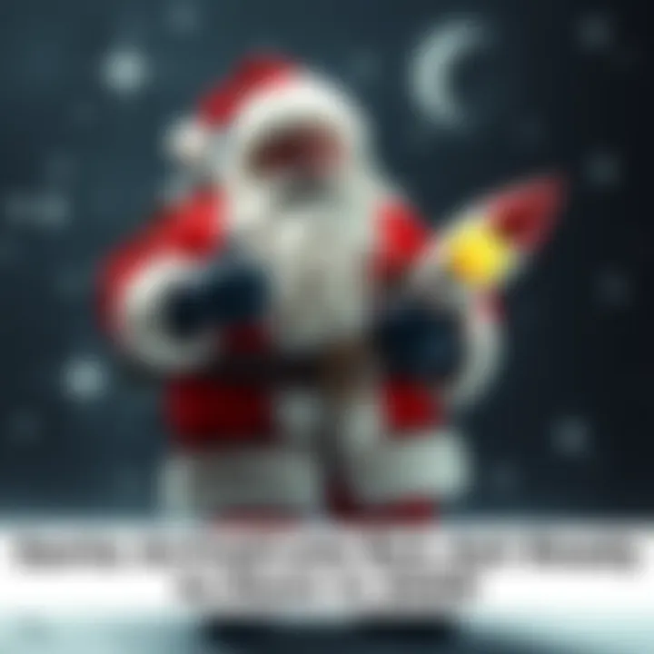 Santa holding a rocket, ready for an adventure to the moon in 2025.