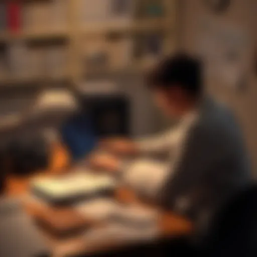 A person sitting at a desk with a laptop, looking at documents related to Satoshi Nakamoto's identity claims, surrounded by notes and expert advice materials.