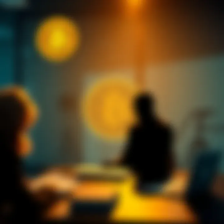 A scene from a documentary showing a Bitcoin symbol and a silhouette of a person representing Satoshi Nakamoto, with notepads and a laptop