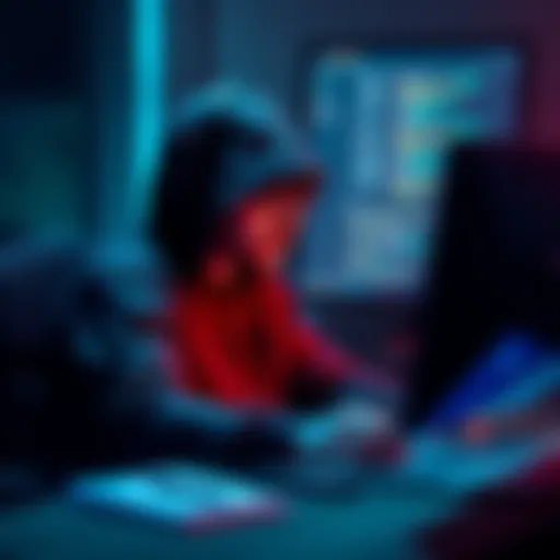 A person in a hoodie sitting at a computer, pretending to be Coinbase support while stealing cryptocurrency from victims.