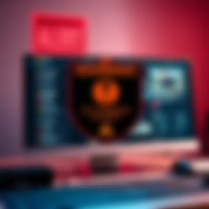 A warning sign indicating a scammer threat, with a shield and a caution symbol, set against a backdrop of a computer screen displaying the Polygon forums.