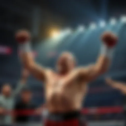 Schiff triumphantly celebrating after a significant knockout in the boxing ring, fists raised in victory, surrounded by cheering fans.