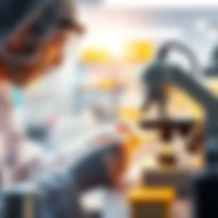 A scientist in a lab setting examines a gold sample under a microscope, showcasing advancements in gold generation techniques.