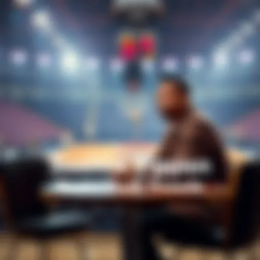 Scottie Pippen sitting at a table, sharing his thoughts on current basketball trends during an interview, with basketball court in the background.