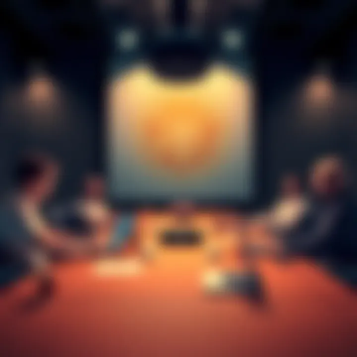 A group of people seated at a roundtable discussing cryptocurrency regulations with laptops and documents