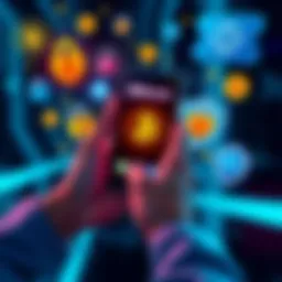 A person holding a smartphone displaying Bitcoin wallet apps, surrounded by security icons like locks and shields