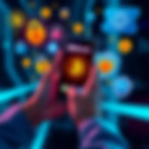 A person holding a smartphone displaying Bitcoin wallet apps, surrounded by security icons like locks and shields