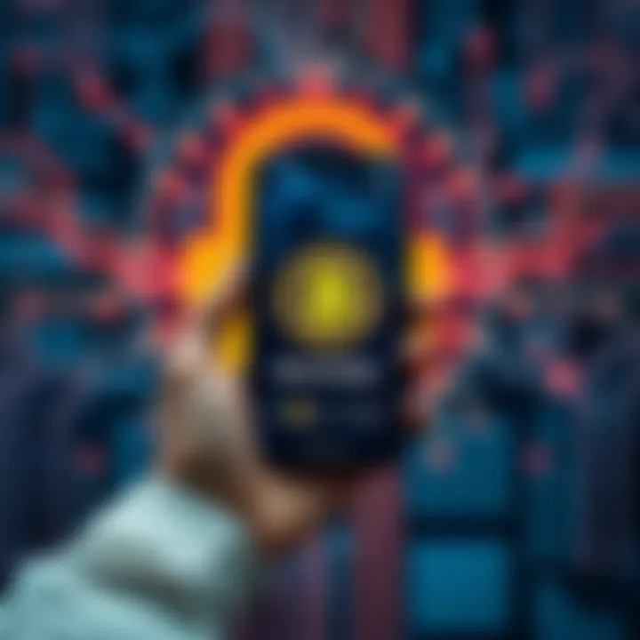 A person holding a smartphone displaying a Bitcoin wallet app, with a backdrop of a digital lock symbol, representing security measures for crypto storage.