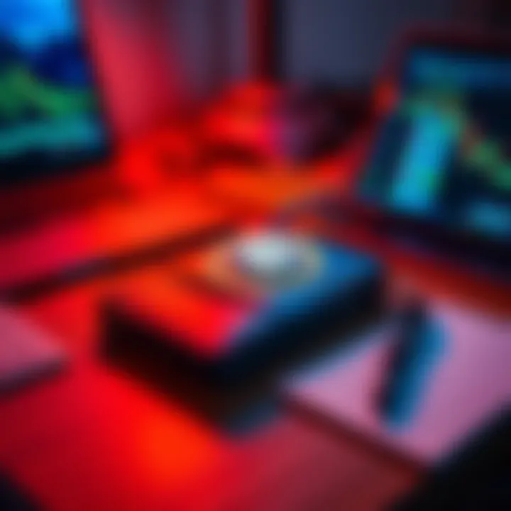 A Trezor hardware wallet on a desk with a laptop and a notepad, illustrating secure Bitcoin storage methods.