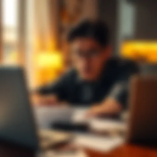 A person looking concerned while reviewing Bitcoin sales and tax documents with a calculator and laptop on a table.