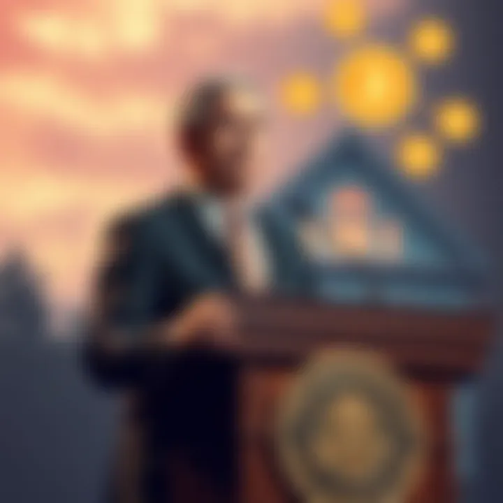 Senator Lummis stands at a podium, presenting a bill that allows cryptocurrency in mortgage loans, with a graphic of a house and digital coins in the background