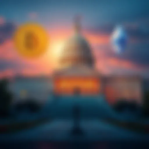 The U.S. Senate building surrounded by cryptocurrency symbols like Bitcoin and Ethereum, representing the passing of the Clarity Act