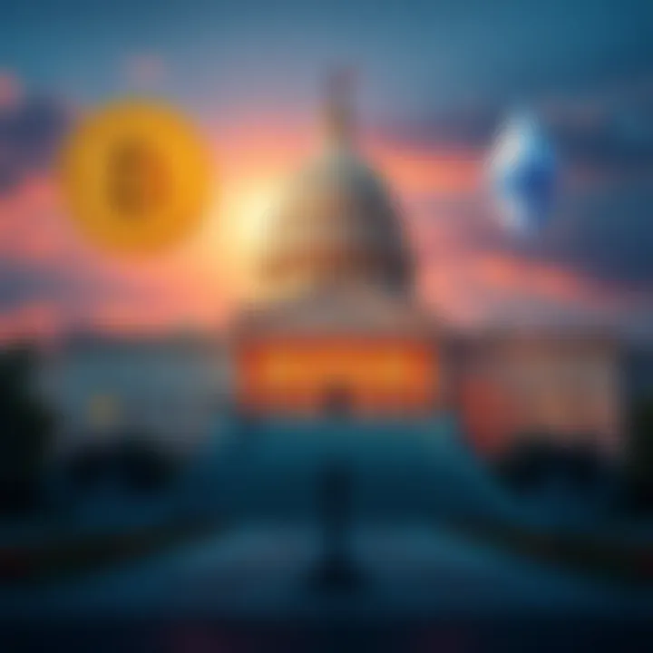 The U.S. Senate building surrounded by cryptocurrency symbols like Bitcoin and Ethereum, representing the passing of the Clarity Act
