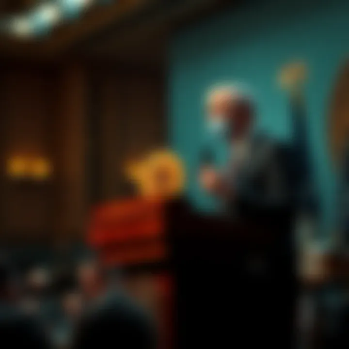 A U.S. senator stands at a podium, presenting a proposal about using Bitcoin to enhance military cyber defense.