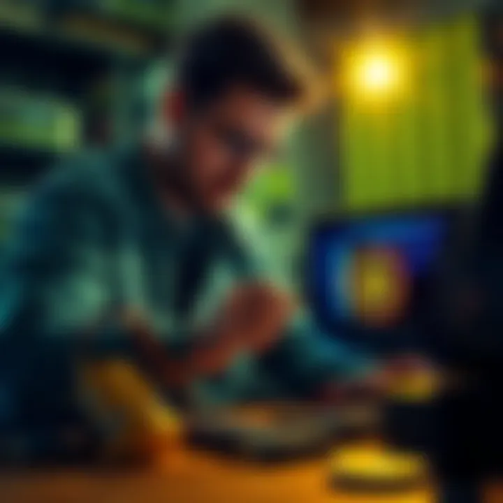 A person configuring their Bitcoin node with two devices and security features visible, showcasing a dedicated effort in solo mining.