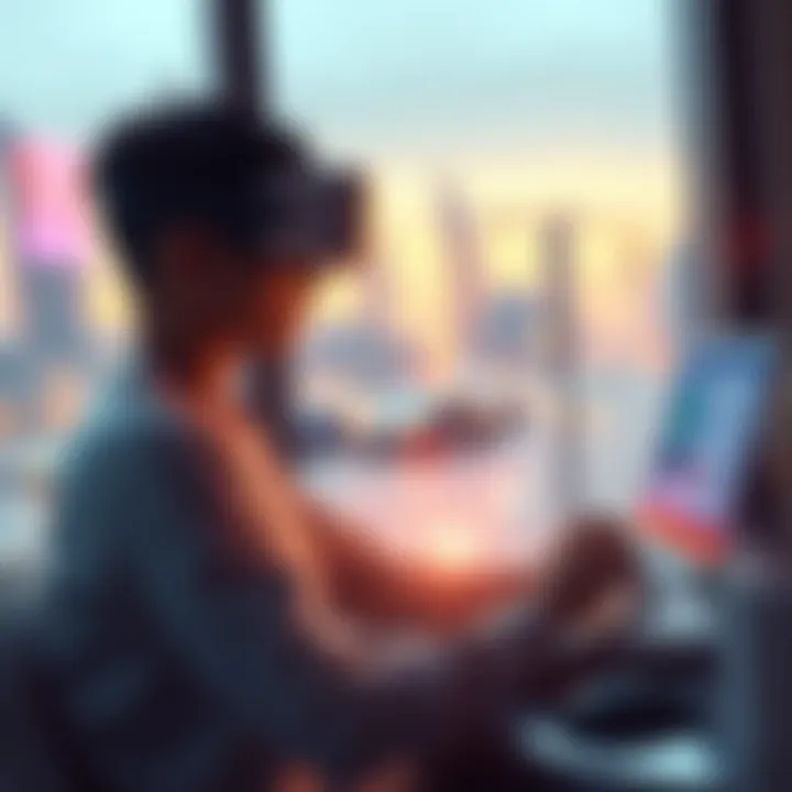 A person reading Shib community updates on a laptop, with a virtual reality headset nearby, representing the Metaverse.