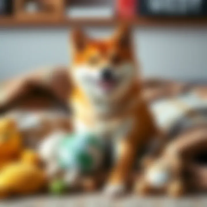 A Shiba Inu dog with a cheerful expression, surrounded by toys and a cozy blanket, representing a potential pet for first-time owners